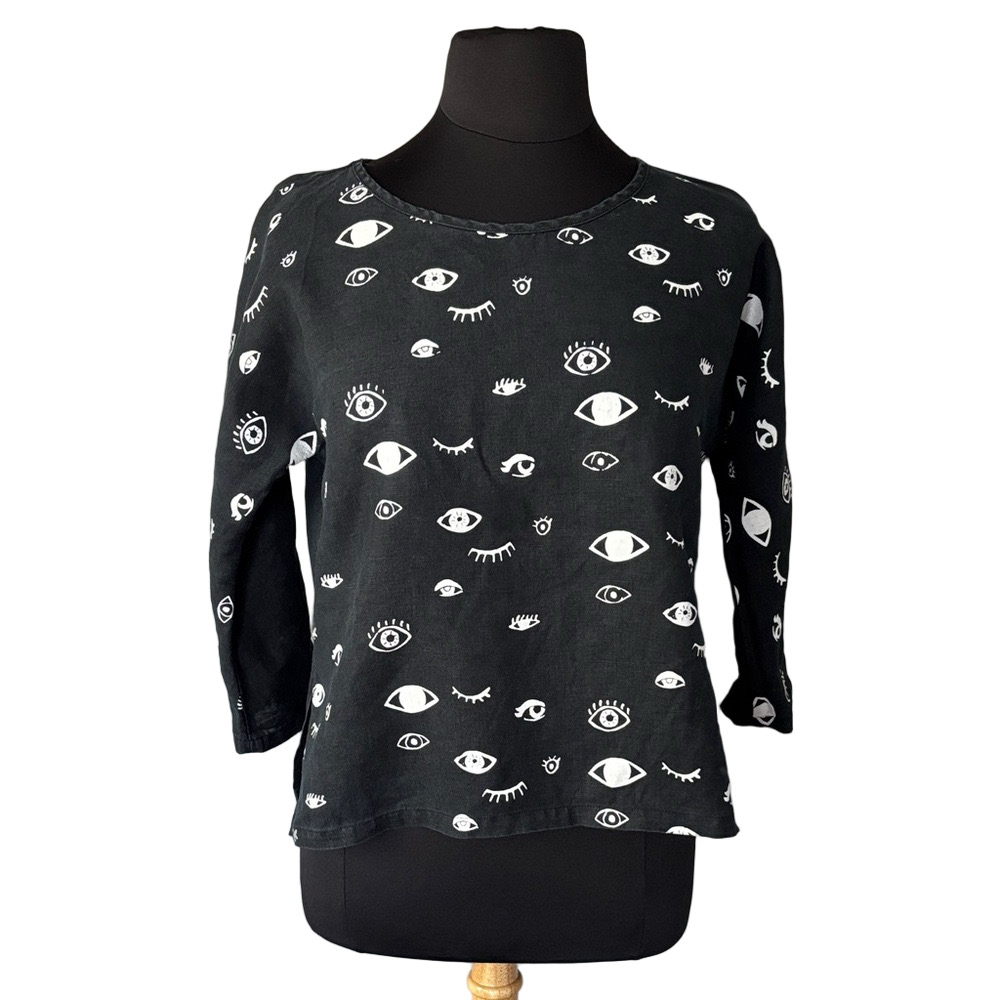 Jenny Lemons Black Eye Print Linen Box Cut Top size L